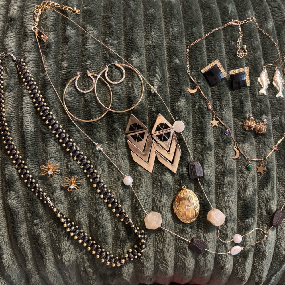 Mixed Costume Jewelry Lot Earrings Necklaces Locket Gold Tone